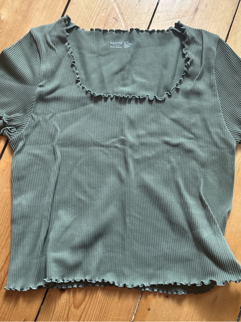 Olive Green Ribbed Square-Neck Short Sleeve Tee